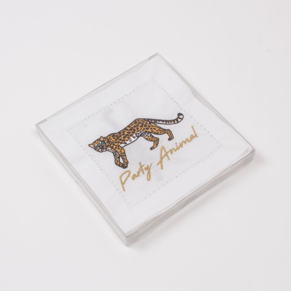 CHEETAH EMBROIDERED COTTON COCKTAIL NAPKINS