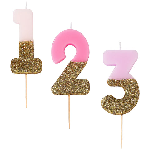 Pink Number with Gold Glitter Birthday Candle