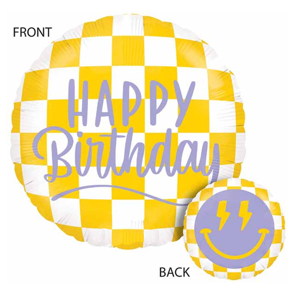 18" HBD CHECKER HAPPY FACE STANDARD FOIL BALLOON