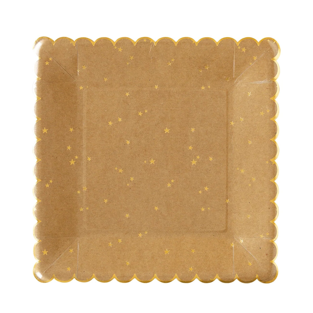 KRAFT WITH GOLD STARS SQUARE PLATES