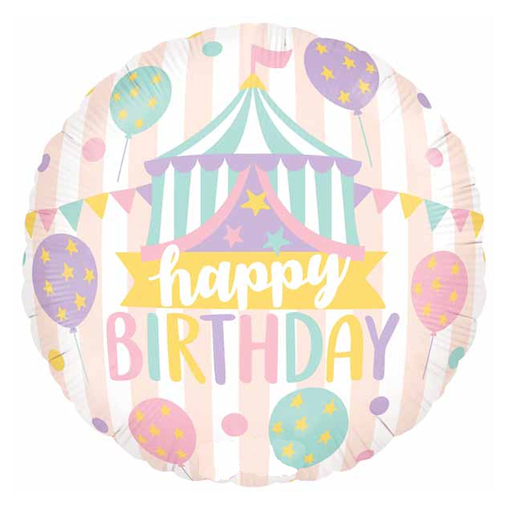 18" HAPPY BIRTHDAY PASTEL CIRCUS STANDARD FOIL BALLOON