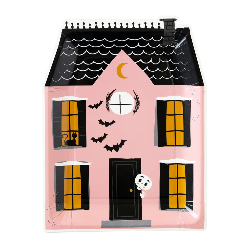 PINK HAUNTED HOUSE PAPER PLATES