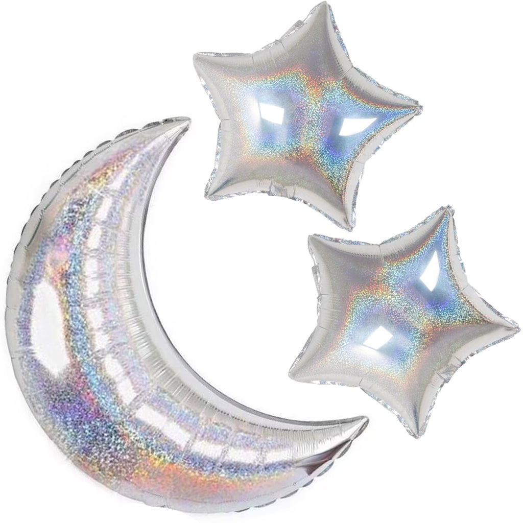 Silver holographic moon and stars foil balloon set